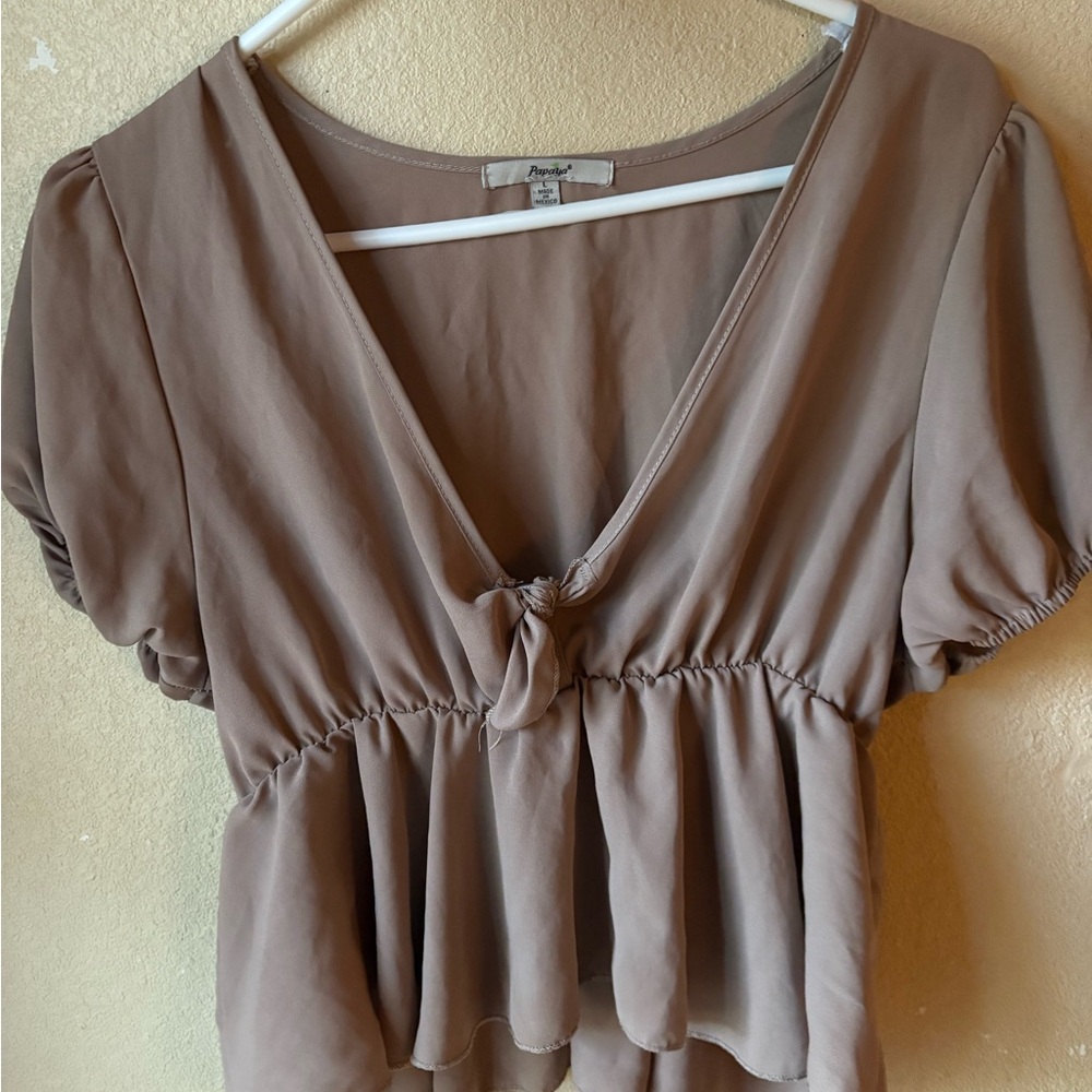 Papaya Brown Puff Sleeve Blouse with Tie Front